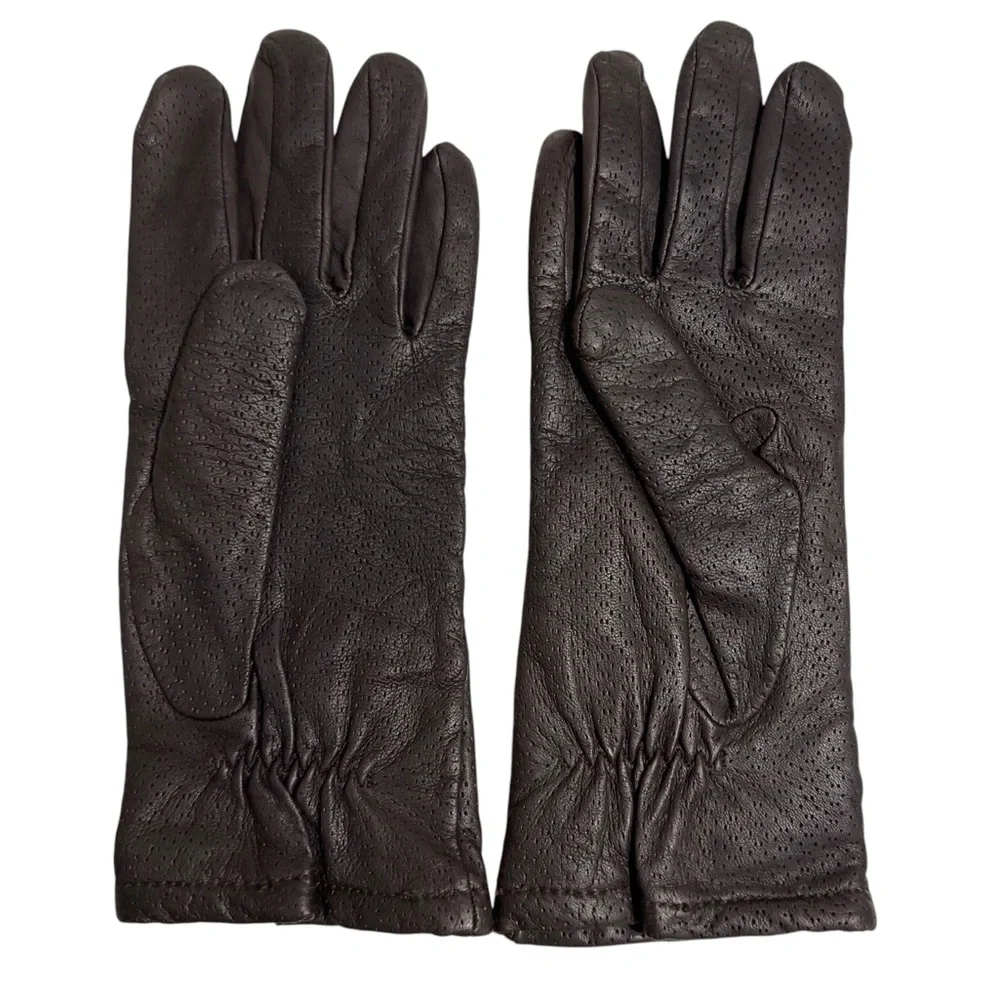 Grandoe Vintage Perforated Brown Leather Gloves Fleece Lined Womens Size XL
